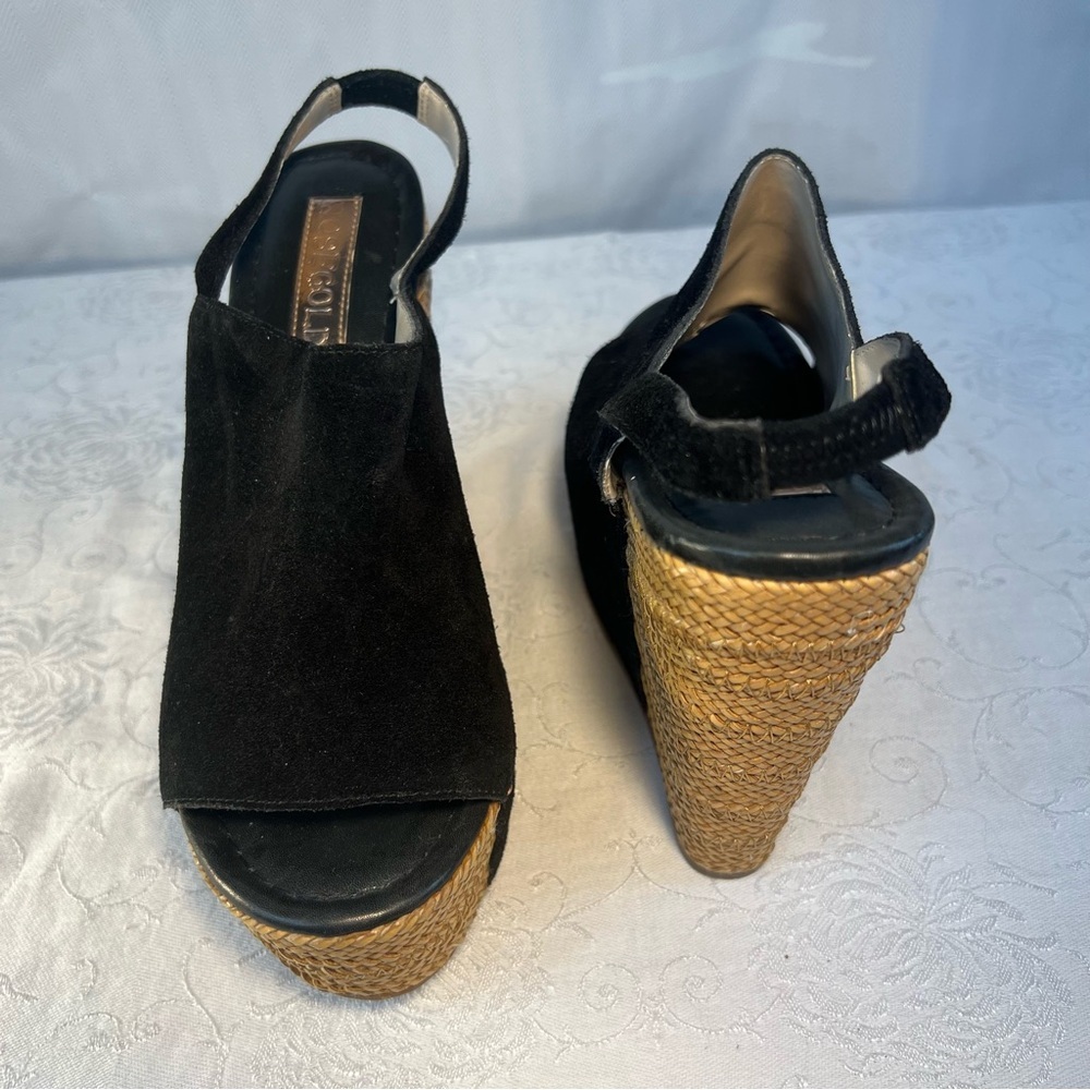 Rose Gold Shoes Lars Black Suede Peep Toe Woven 5” Wedge Heel Strap 37.5/7